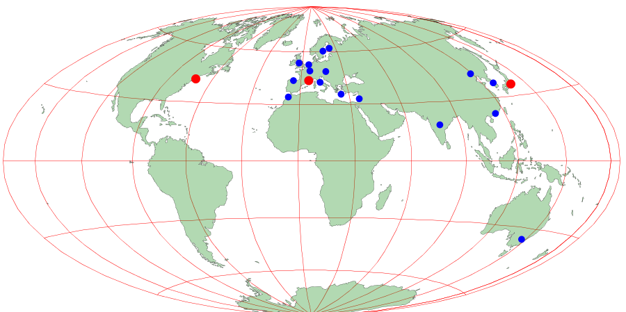 TA Föld, pontokkal, melyek a központokat és az irodákat jelölik